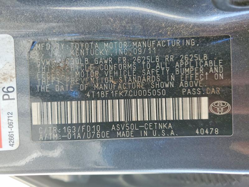 2012 Toyota Camry მანქანა იყიდება აუქციონზე, vin: 4T1BF1FK7CU005050, აუქციონის ნომერი: 50014586