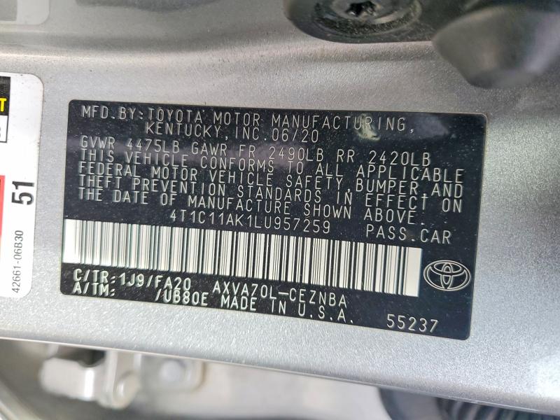 2020 Toyota Camry მანქანა იყიდება აუქციონზე, vin: 4T1C11AK1LU957259, აუქციონის ნომერი: 49481516