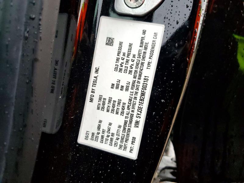2021 Tesla Model 3 მანქანა იყიდება აუქციონზე, vin: 5YJ3E1EB2MF003181, აუქციონის ნომერი: 50346856