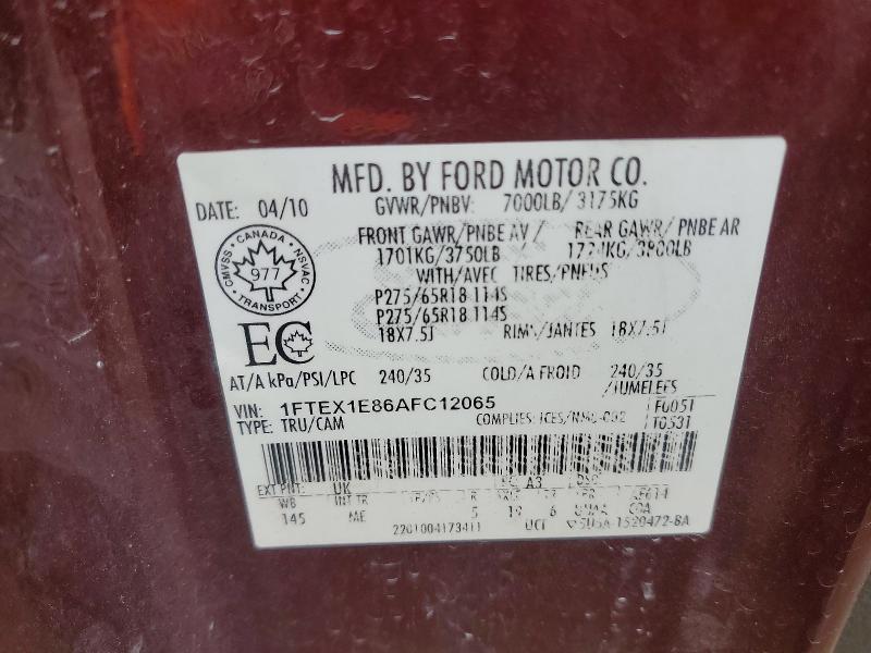 2010 Ford F150 მანქანა იყიდება აუქციონზე, vin: 1FTEX1E86AFC12065, აუქციონის ნომერი: 51589556