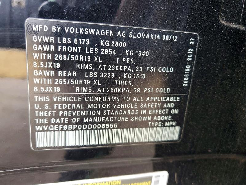 50855406 :رقم المزاد ، WVGEF9BP0DD006555 vin ، 2013 Volkswagen Touareg مزاد بيع