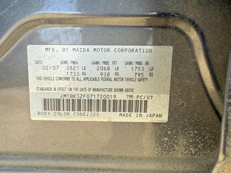 50916936 :رقم المزاد ، JM1BK32F071720019 vin ، 2007 Mazda 3 مزاد بيع