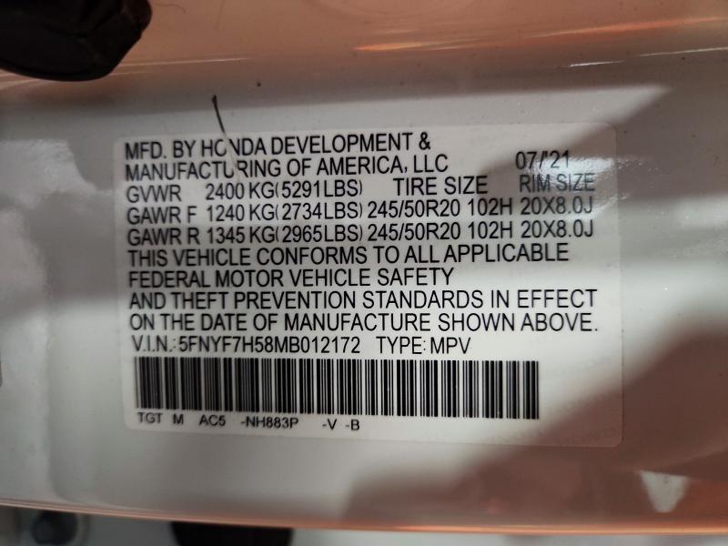 2021 Honda Passport მანქანა იყიდება აუქციონზე, vin: 5FNYF7H58MB012172, აუქციონის ნომერი: 49321456
