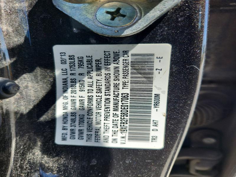 2013 Honda Civic მანქანა იყიდება აუქციონზე, vin: 19XFB2F58DE017063, აუქციონის ნომერი: 50856096
