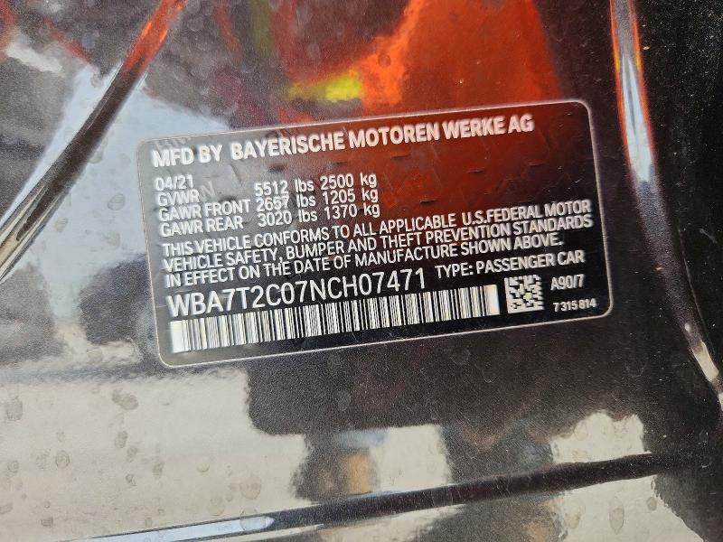 2022 Bmw 740 მანქანა იყიდება აუქციონზე, vin: WBA7T2C07NCH07471, აუქციონის ნომერი: 51343846