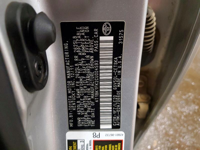 50772536 :رقم المزاد ، 4T1BK1FK2CU004593 vin ، 2012 Toyota Camry مزاد بيع
