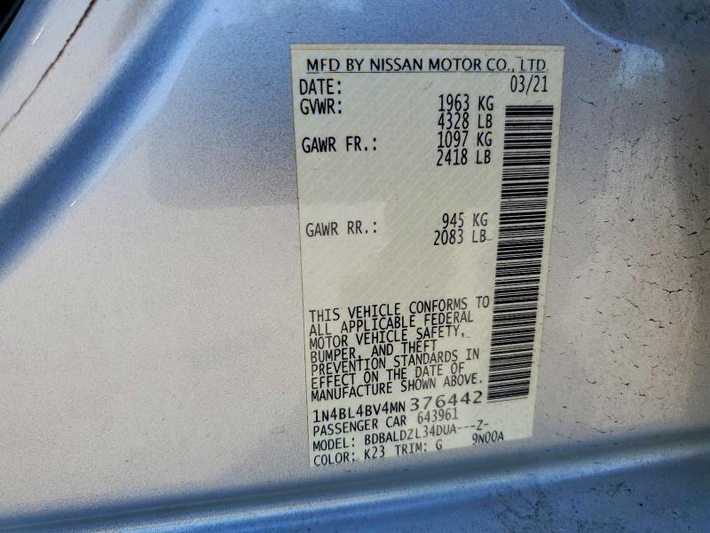50469956 :رقم المزاد ، 1N4BL4BV4MN376442 vin ، 2021 Nissan Altima مزاد بيع