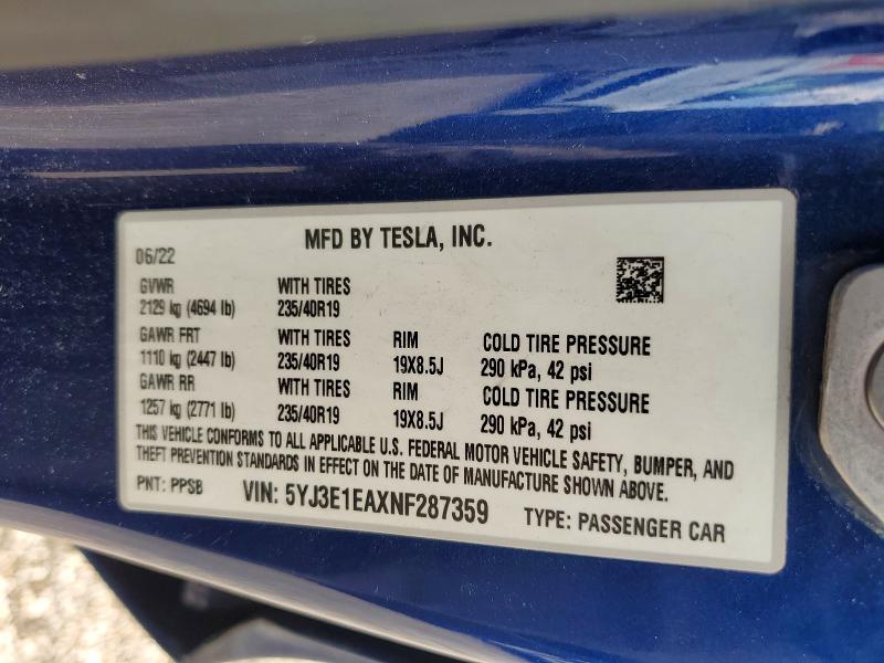 Aukcja sprzedaży 2022 Tesla Model 3, vin: 5YJ3E1EAXNF287359, numer aukcji: 51757486