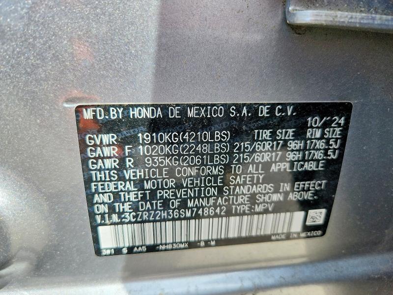 2025 Honda Hr-v მანქანა იყიდება აუქციონზე, vin: 3CZRZ2H36SM748642, აუქციონის ნომერი: 51253146