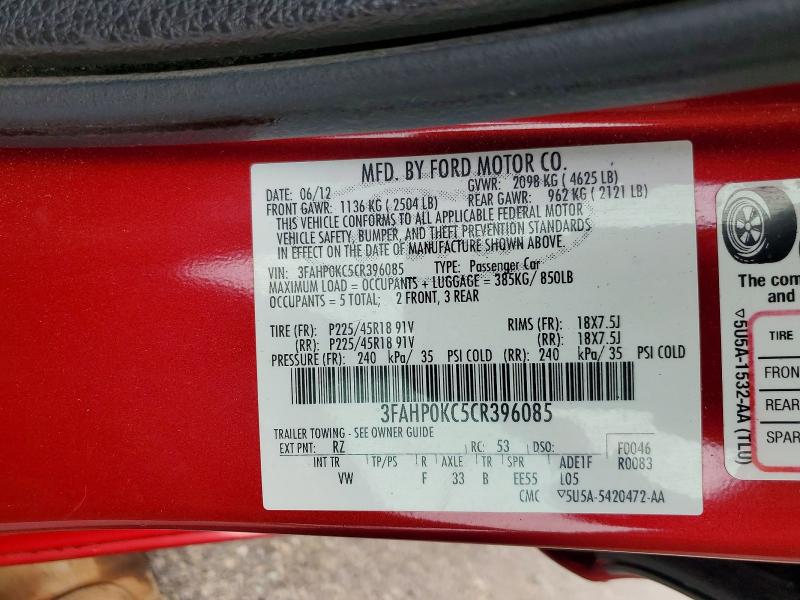 51117526 :رقم المزاد ، 3FAHP0KC5CR396085 vin ، 2012 Ford Fusion مزاد بيع