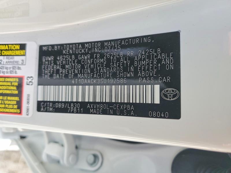 2025 Toyota Camry მანქანა იყიდება აუქციონზე, vin: 4T1DAACK3SU192586, აუქციონის ნომერი: 49250786