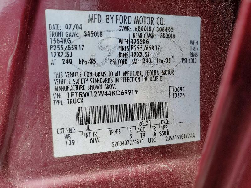 51474396 :رقم المزاد ، 1FTRW12W44KD69919 vin ، 2004 Ford F150 مزاد بيع