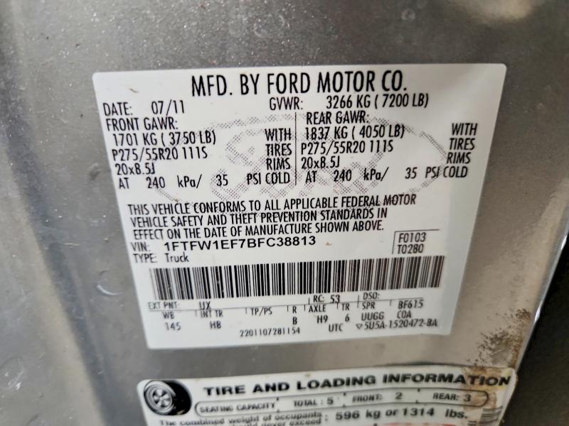 2011 Ford F150 მანქანა იყიდება აუქციონზე, vin: 1FTFW1EF7BFC38813, აუქციონის ნომერი: 49091406