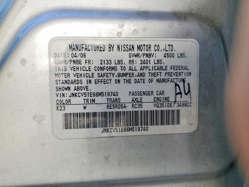 Aukcja sprzedaży 2006 Infiniti G35, vin: JNKCV51E66M519740, numer aukcji: 48653866