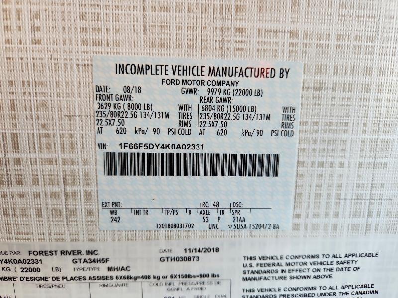 Aukcja sprzedaży 2019 Ford Georgetown, vin: 1F66F5DY4K0A02331, numer aukcji: 52207016