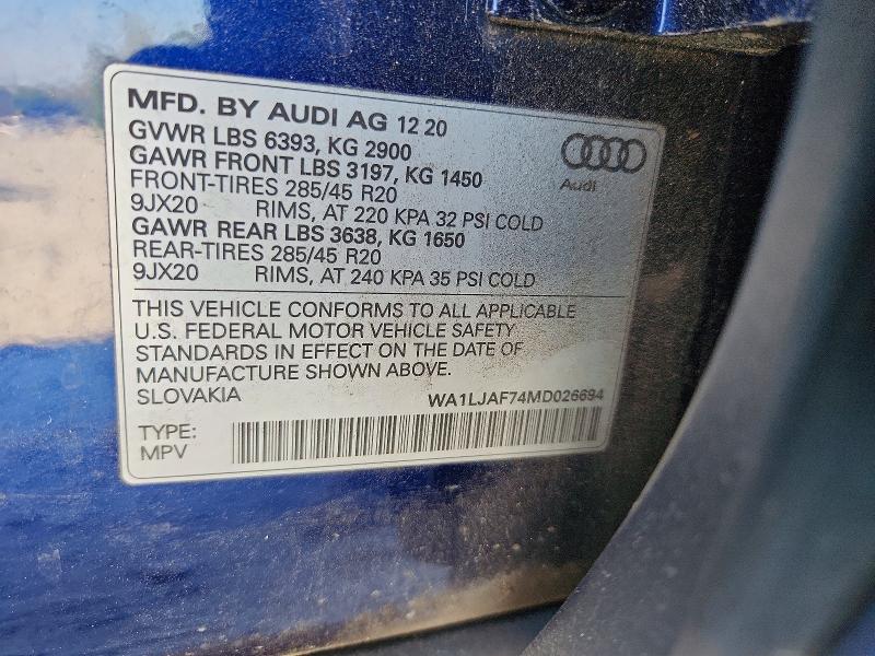 2021 Audi Q7 მანქანა იყიდება აუქციონზე, vin: WA1LJAF74MD026694, აუქციონის ნომერი: 49110146