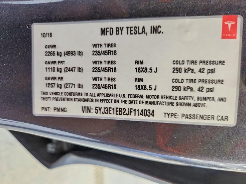 50403386 :رقم المزاد ، 5YJ3E1EB2JF114034 vin ، 2018 Tesla Model 3 مزاد بيع
