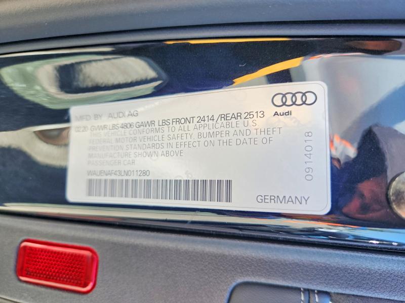 2020 Audi A4 მანქანა იყიდება აუქციონზე, vin: WAUENAF43LN011280, აუქციონის ნომერი: 49137746