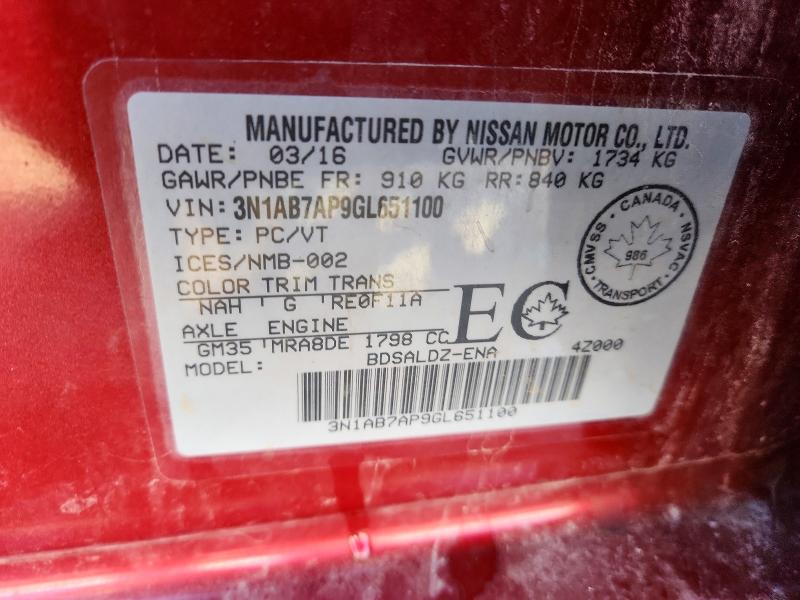 48879136 :رقم المزاد ، 3N1AB7AP9GL651100 vin ، 2016 Nissan Sentra مزاد بيع