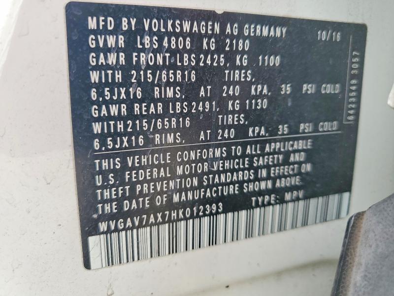 2017 Volkswagen Tiguan მანქანა იყიდება აუქციონზე, vin: WVGAV7AX7HK012393, აუქციონის ნომერი: 50075266