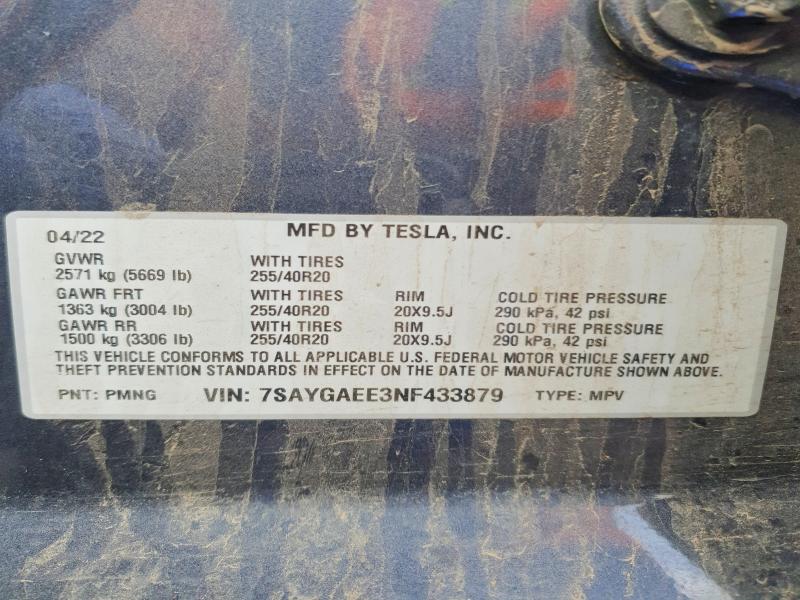 2022 Tesla Model Y მანქანა იყიდება აუქციონზე, vin: 7SAYGAEE3NF433879, აუქციონის ნომერი: 51156006