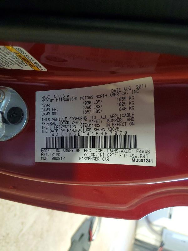 Aukcja sprzedaży 2012 Mitsubishi Eclipse, vin: 4A31K5DF4CE007970, numer aukcji: 50750896