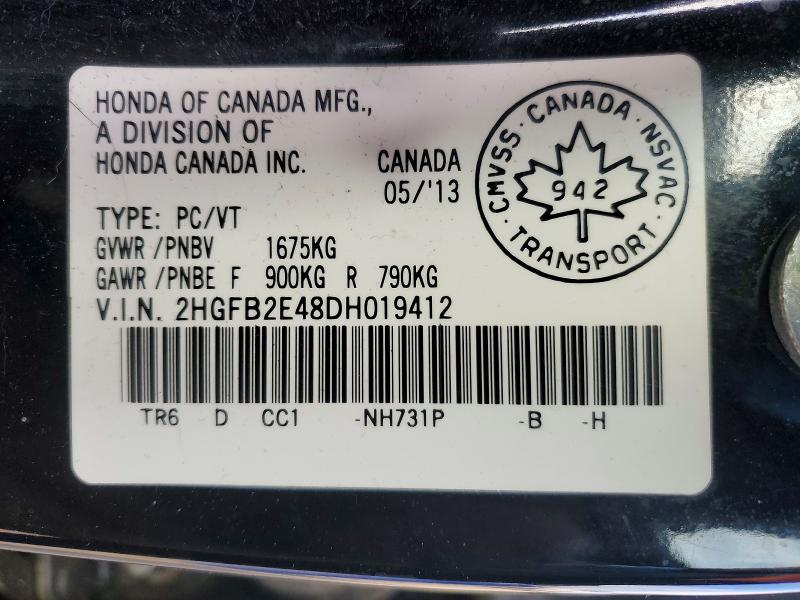 Продаж на аукціоні авто 2013 Honda Civic, vin: 2HGFB2E48DH019412, номер лоту: 50080046