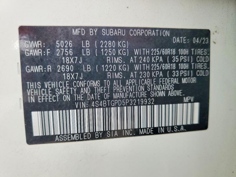2023 Subaru Outback მანქანა იყიდება აუქციონზე, vin: 4S4BTGPD5P3219932, აუქციონის ნომერი: 49299016