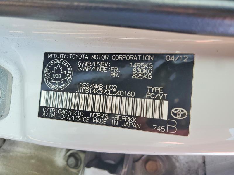 48645076 :رقم المزاد ، JTDBT4K39CL040160 vin ، 2012 Toyota Yaris مزاد بيع