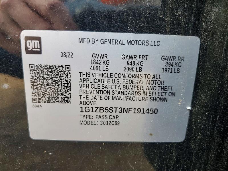 Aukcja sprzedaży 2022 Chevrolet Malibu, vin: 1G1ZB5ST3NF191450, numer aukcji: 50935876