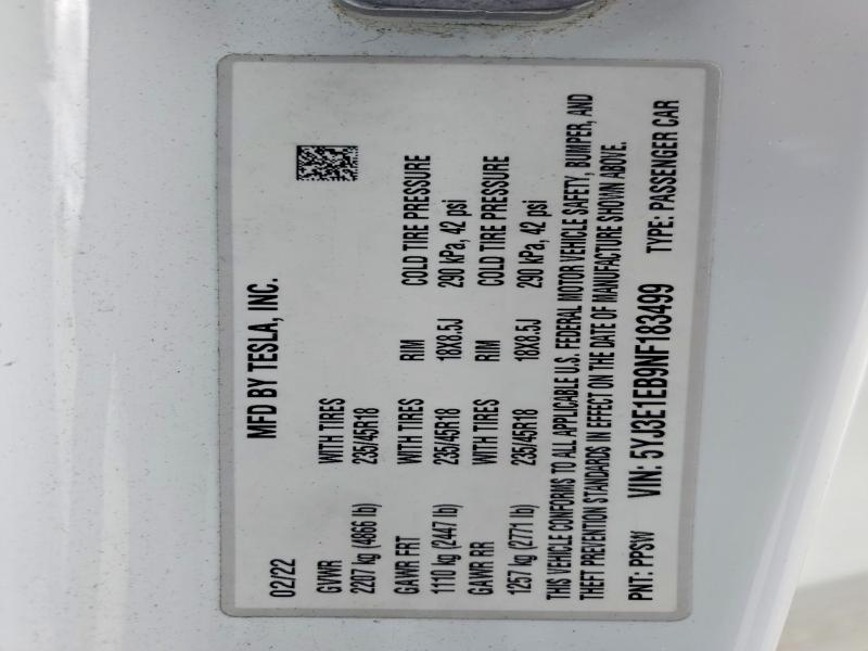 Продаж на аукціоні авто 2022 Tesla Model 3, vin: 5YJ3E1EB9NF183499, номер лоту: 48283566