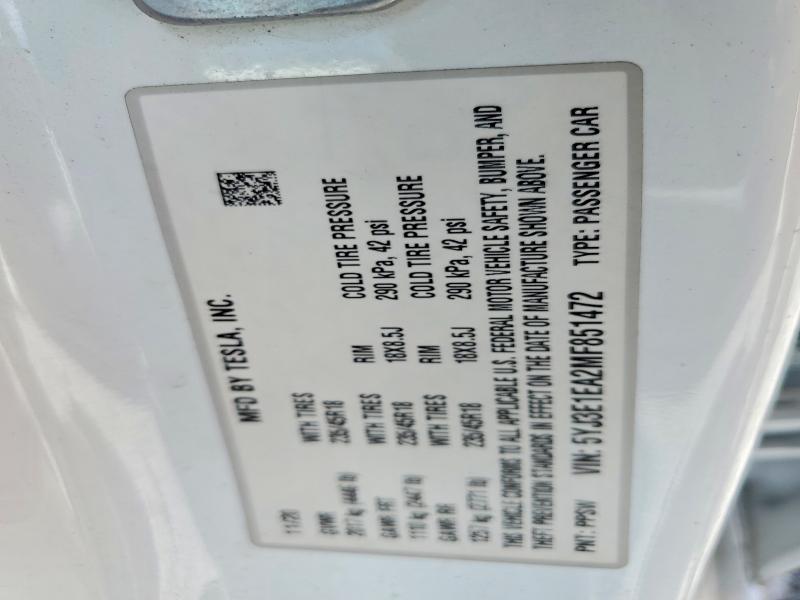 48017456 :رقم المزاد ، 5YJ3E1EA2MF851472 vin ، 2021 Tesla Model 3 مزاد بيع