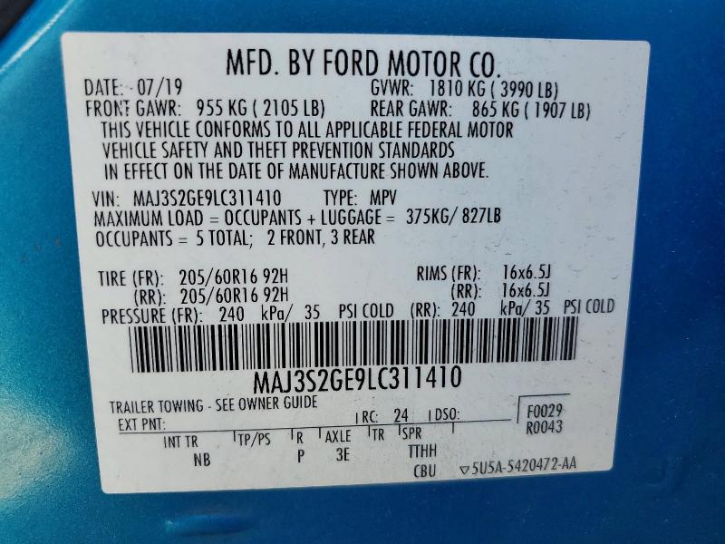 Aukcja sprzedaży 2020 Ford Ecosport, vin: MAJ3S2GE9LC311410, numer aukcji: 50111616