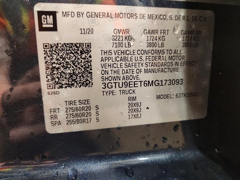 49760546 :رقم المزاد ، 3GTU9EET6MG173093 vin ، 2021 Gmc Sierra مزاد بيع