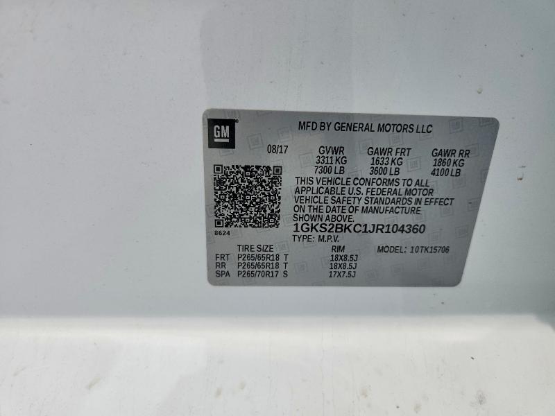 51565076 :رقم المزاد ، 1GKS2BKC1JR104360 vin ، 2018 Gmc Yukon مزاد بيع