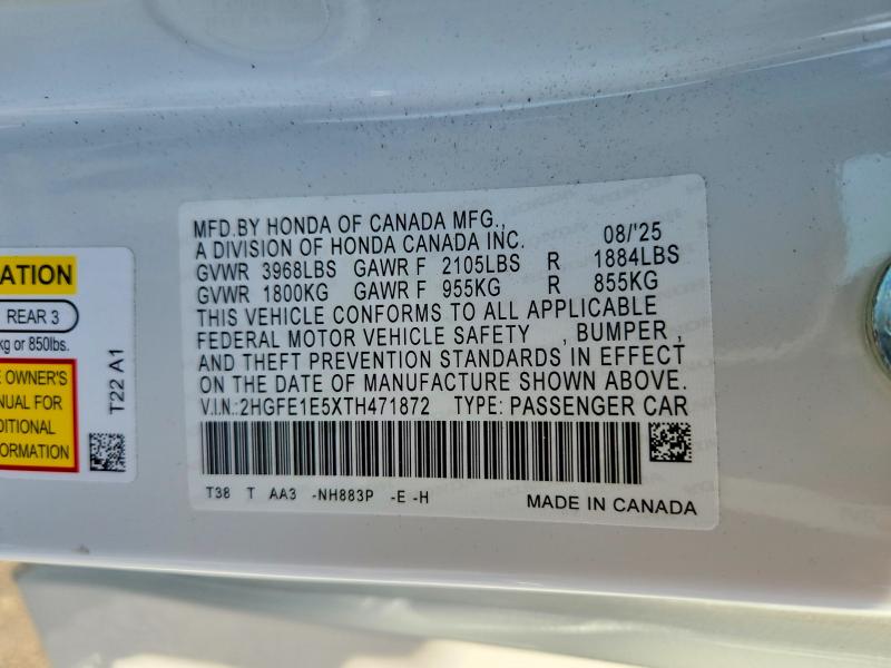 Продажа на аукционе авто 2026 Honda Civic, vin: 2HGFE1E5XTH471872, номер лота: 51572746