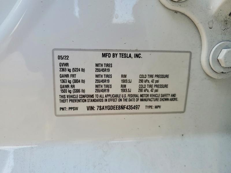48715246 :رقم المزاد ، 7SAYGDEE8NF435497 vin ، 2022 Tesla Model Y مزاد بيع