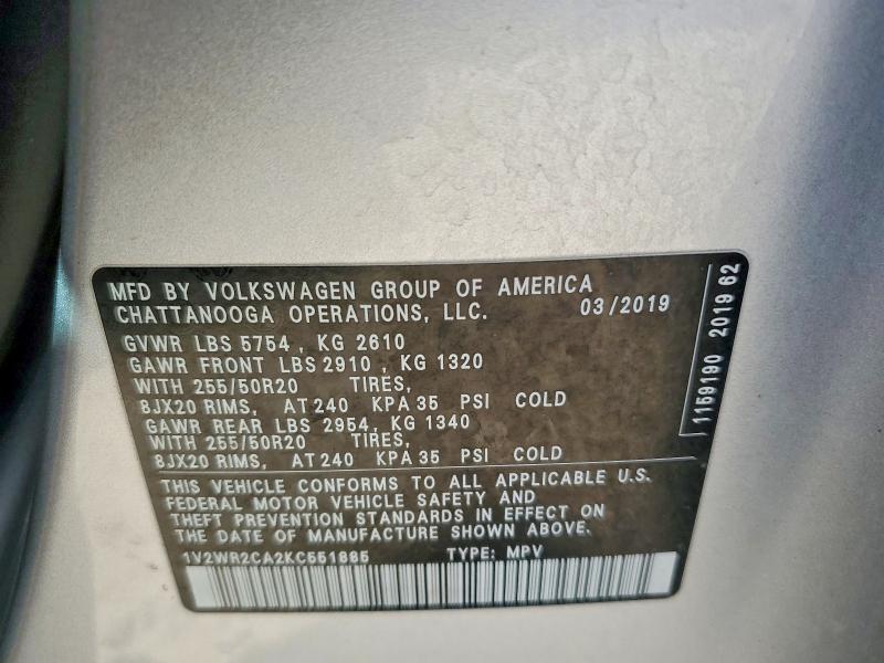 Продажа на аукционе авто 2019 Volkswagen Atlas, vin: 1V2WR2CA2KC551885, номер лота: 48958146