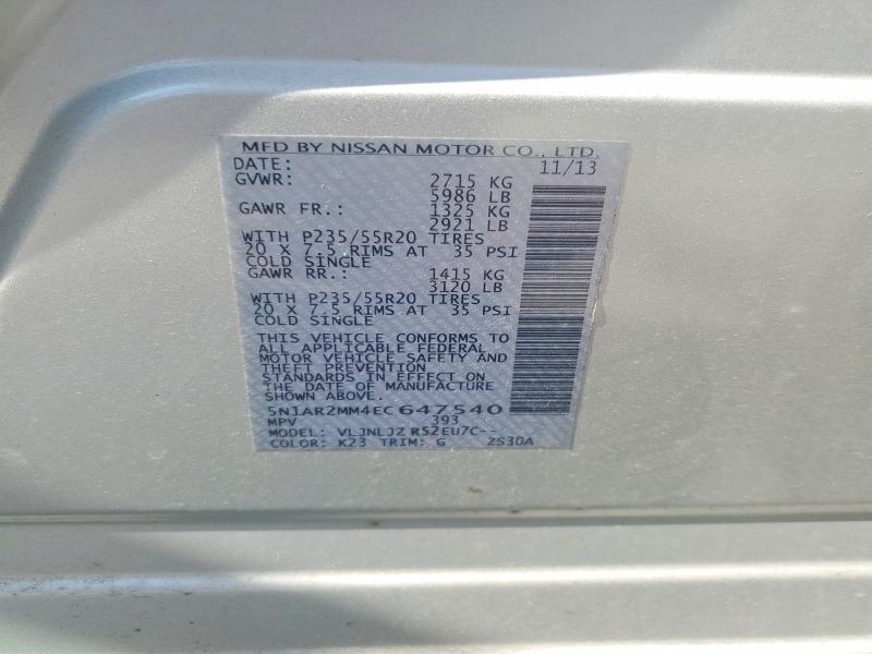 2014 Nissan Pathfinder მანქანა იყიდება აუქციონზე, vin: 5N1AR2MM4EC647540, აუქციონის ნომერი: 50830056