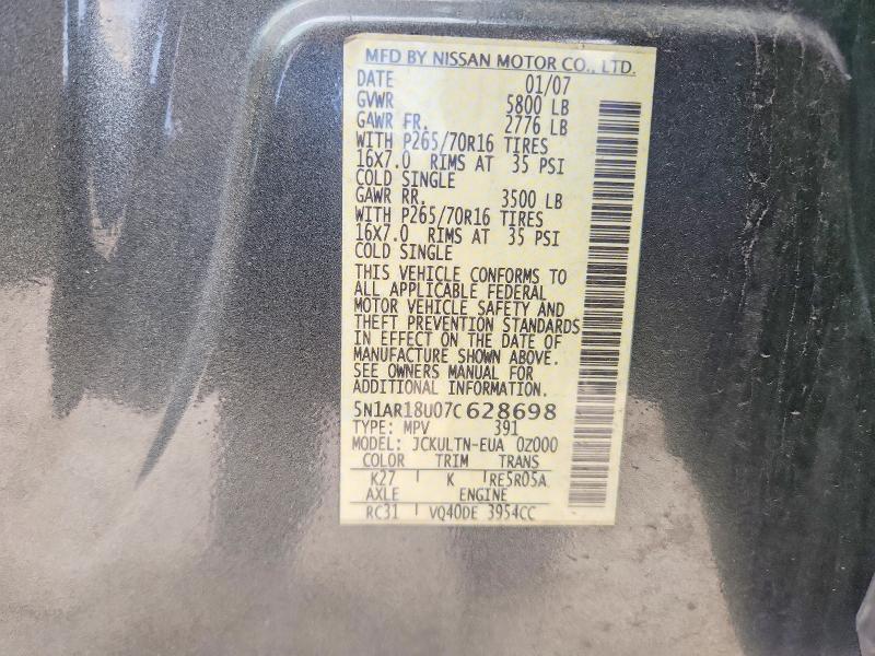 Продажа на аукционе авто 2007 Nissan Pathfinder, vin: 5N1AR18U07C628698, номер лота: 50483116