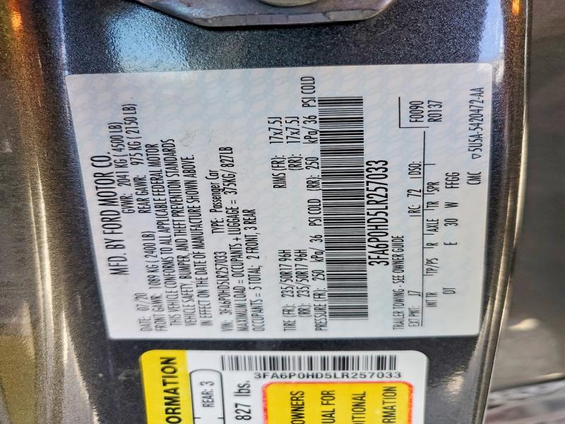 Продажа на аукционе авто 2020 Ford Fusion, vin: 3FA6P0HD5LR257033, номер лота: 51155656