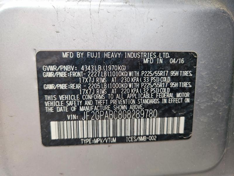 Aukcja sprzedaży 2016 Subaru Crosstrek, vin: JF2GPABC8G8289780, numer aukcji: 49768596