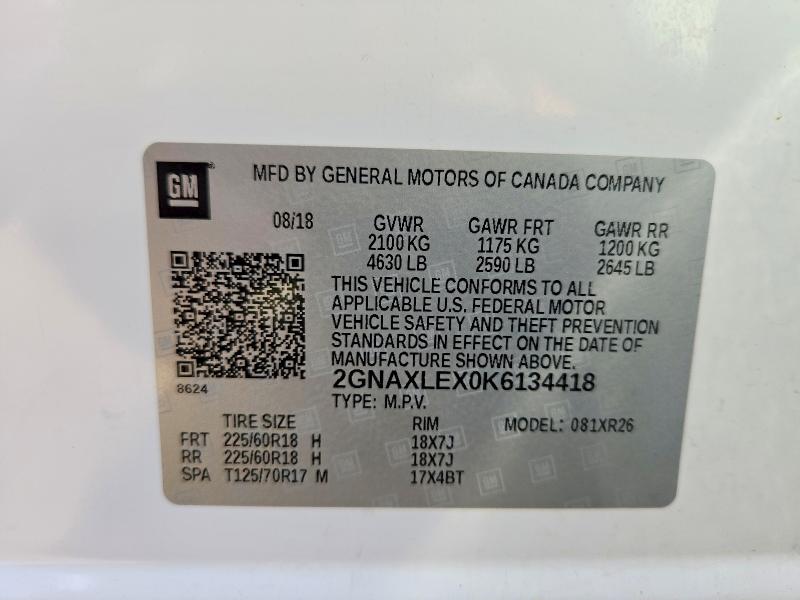 Aukcja sprzedaży 2019 Chevrolet Equinox, vin: 2GNAXLEX0K6134418, numer aukcji: 50626696