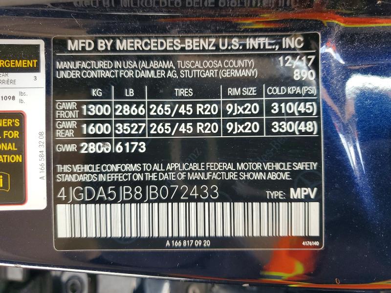 50658566 :رقم المزاد ، 4JGDA5JB8JB072433 vin ، 2018 Mercedes-benz Gle مزاد بيع