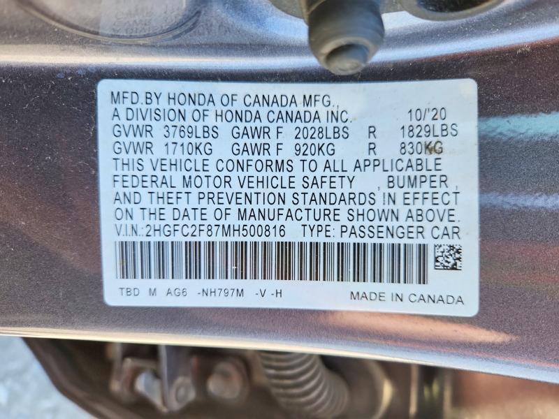 2021 Honda Civic მანქანა იყიდება აუქციონზე, vin: 2HGFC2F87MH500816, აუქციონის ნომერი: 50625656