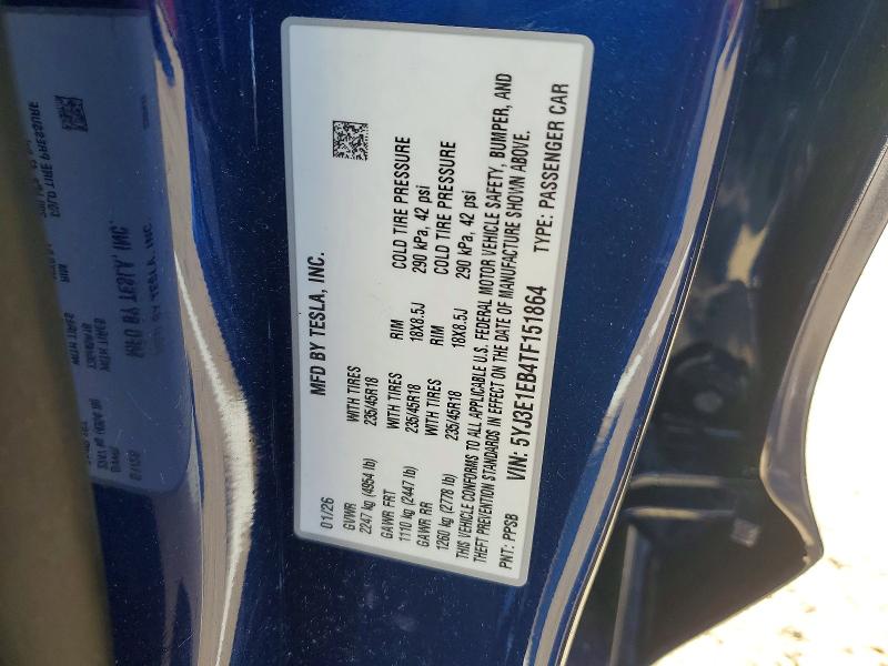 Aukcja sprzedaży 2026 Tesla Model 3, vin: 5YJ3E1EB4TF151864, numer aukcji: 50085266