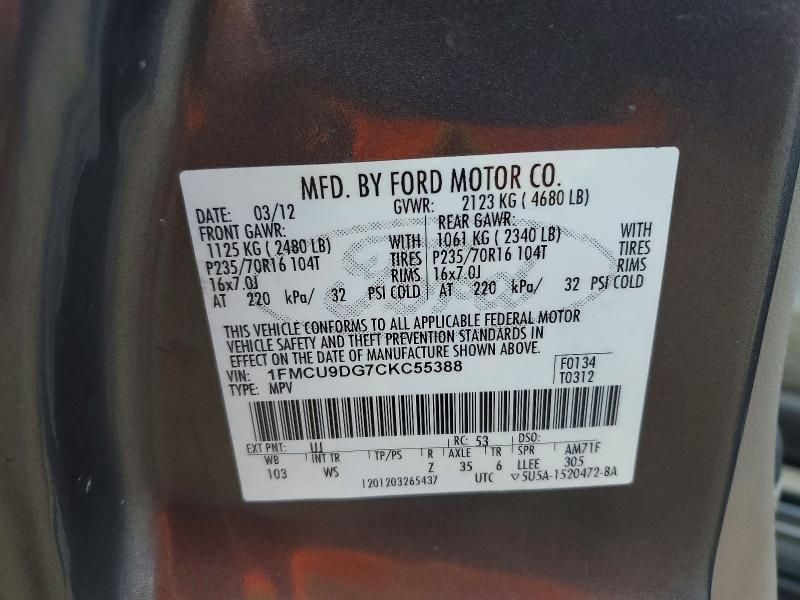 51252426 :رقم المزاد ، 1FMCU9DG7CKC55388 vin ، 2012 Ford Escape مزاد بيع