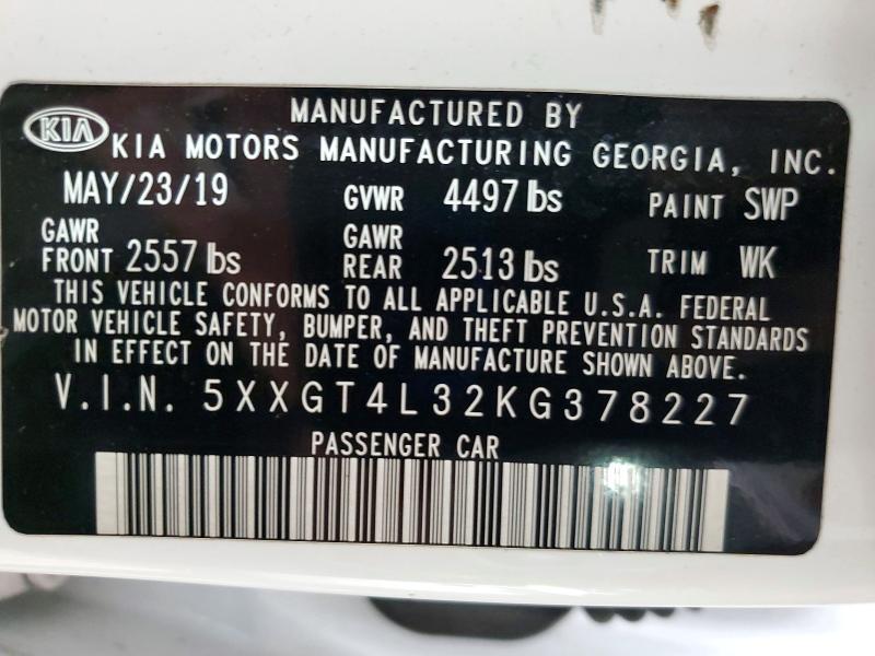 49751226 :رقم المزاد ، 5XXGT4L32KG378227 vin ، 2019 Kia Optima مزاد بيع