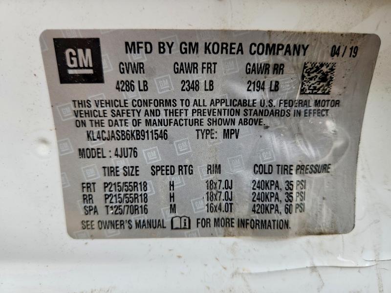 2019 Buick Encore მანქანა იყიდება აუქციონზე, vin: KL4CJASB6KB911546, აუქციონის ნომერი: 48742076