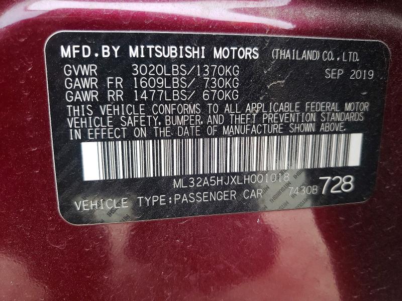 Aukcja sprzedaży 2020 Mitsubishi Mirage, vin: ML32A5HJXLH001018, numer aukcji: 50941856